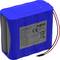 Blue Li-Ion battery with connecting wires and a label displaying technical specifications, safety instructions, and disposal guidelines.