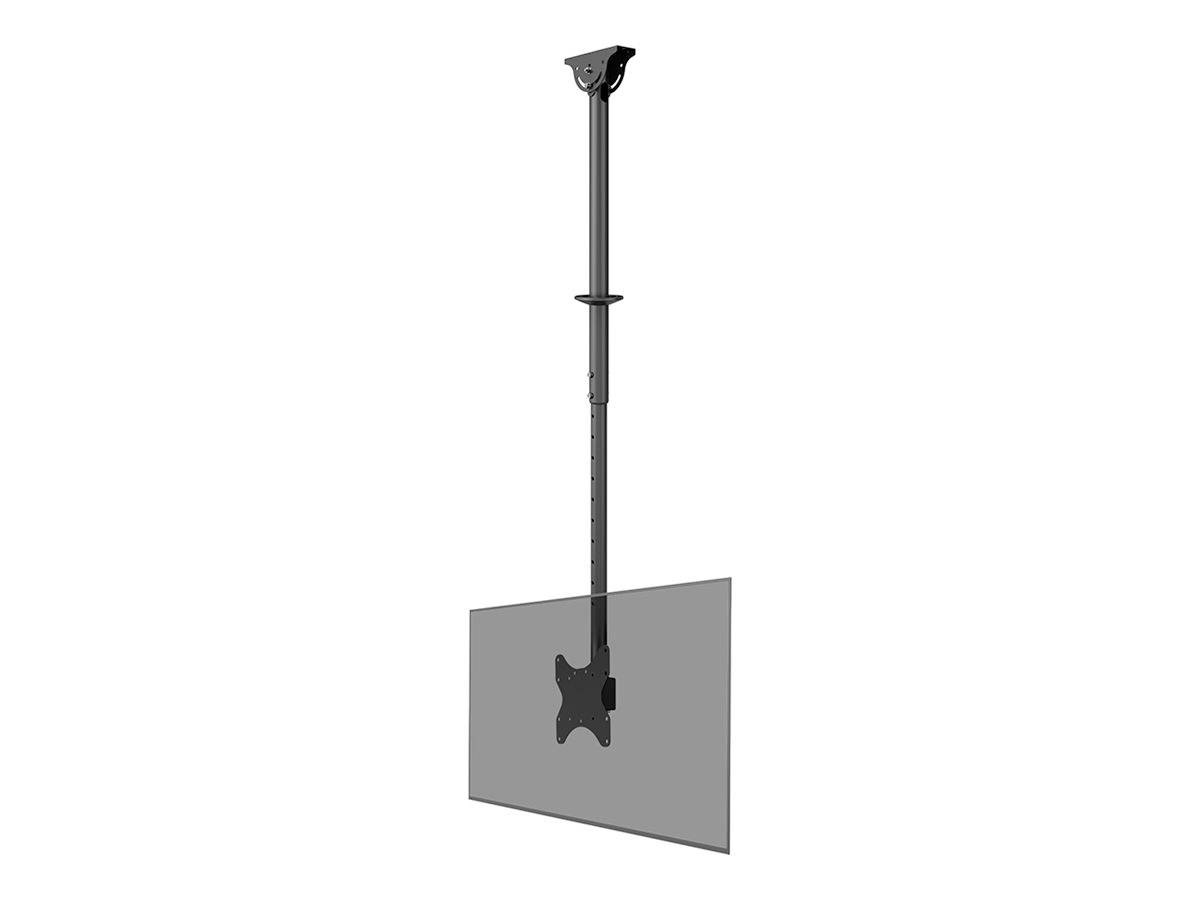 Ceiling-mounted bracket with adjustable rod for flat screen mounting. Black, suitable for TV or monitor.