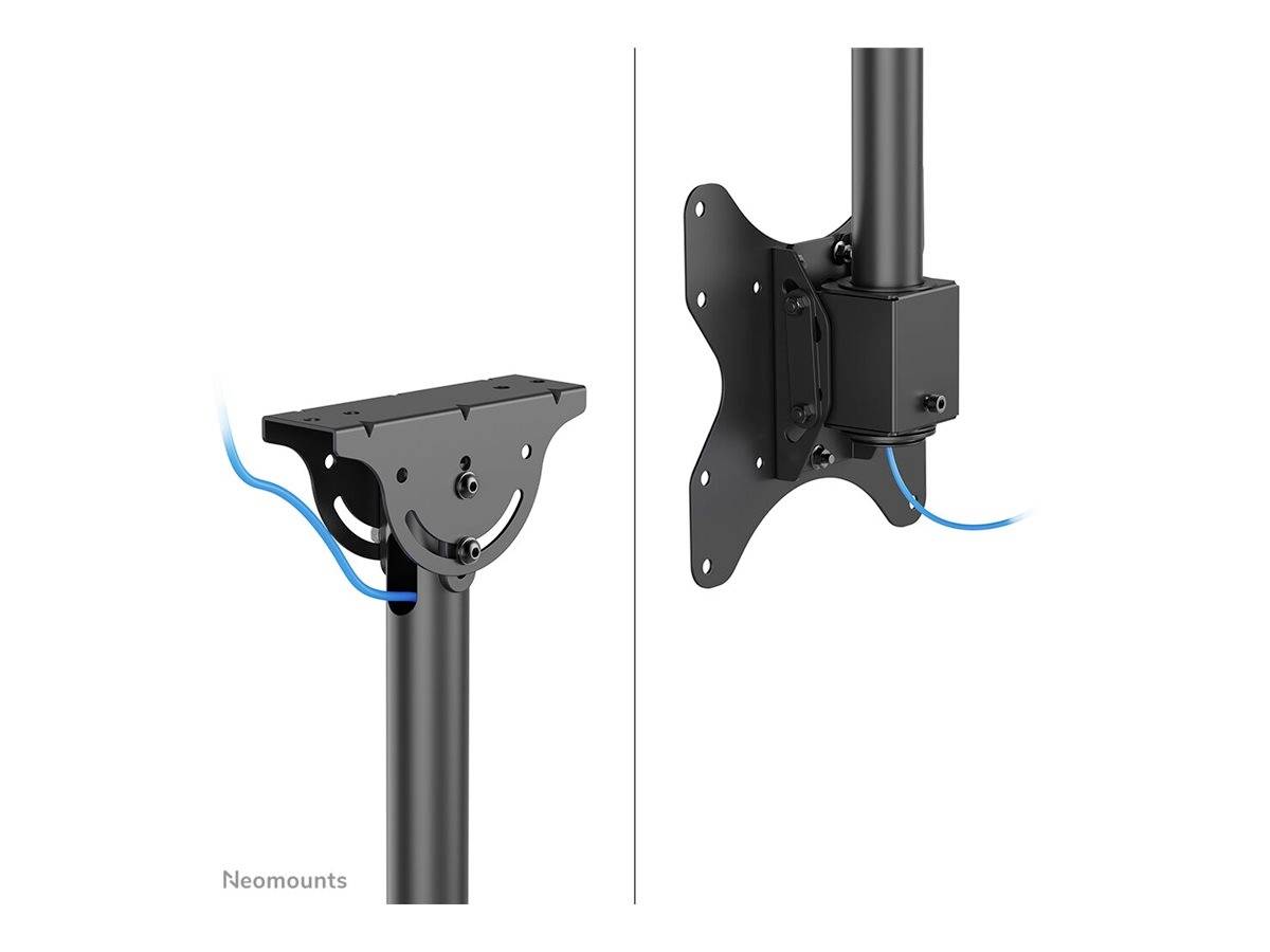 Two monitor or display mounts, on the left with a base plate and on the right with a VESA mounting, each with a cable management channel.