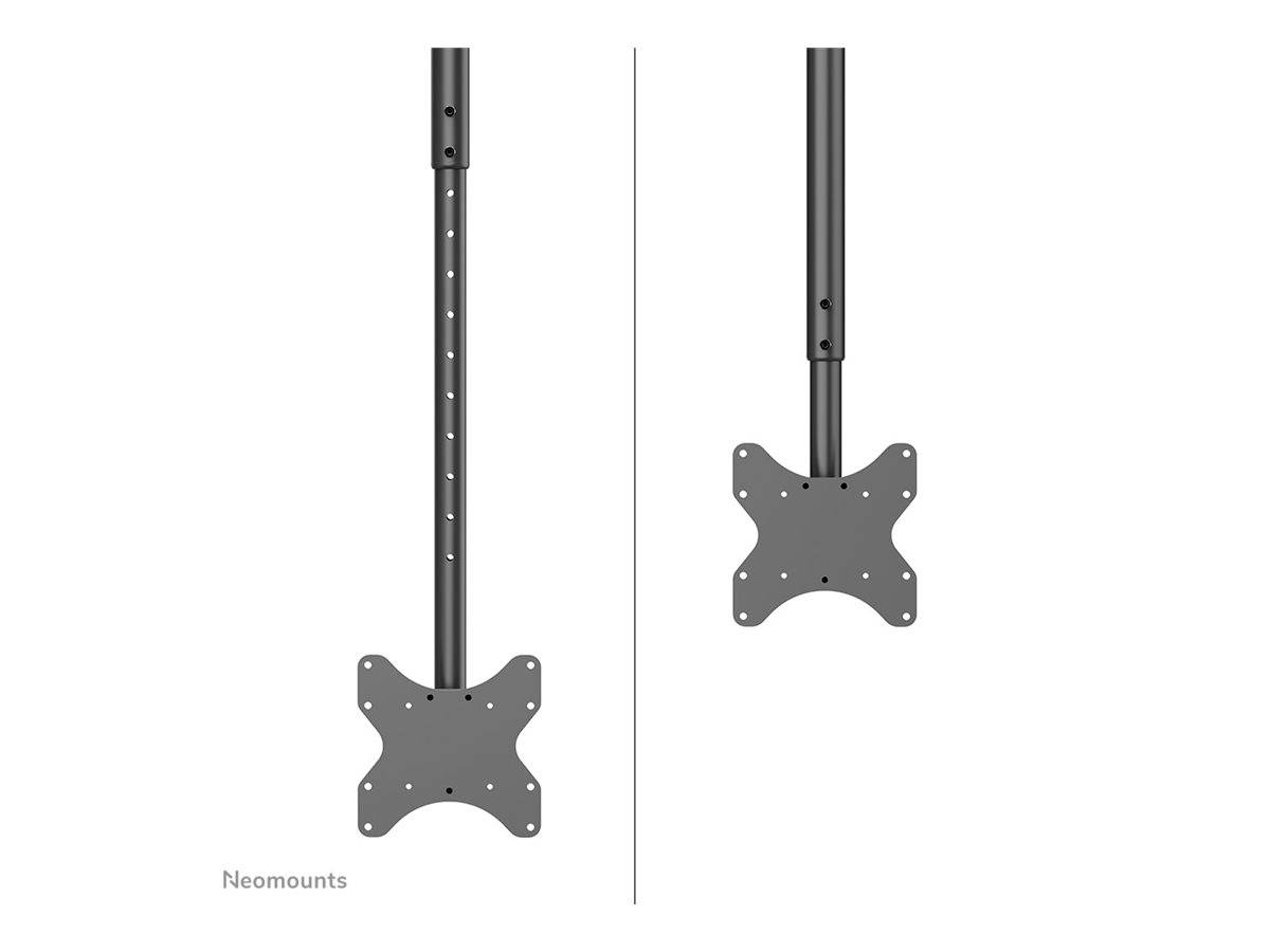 Ceiling mount with adjustable height and VESA mounting, suitable for monitors or screens, front and side view.