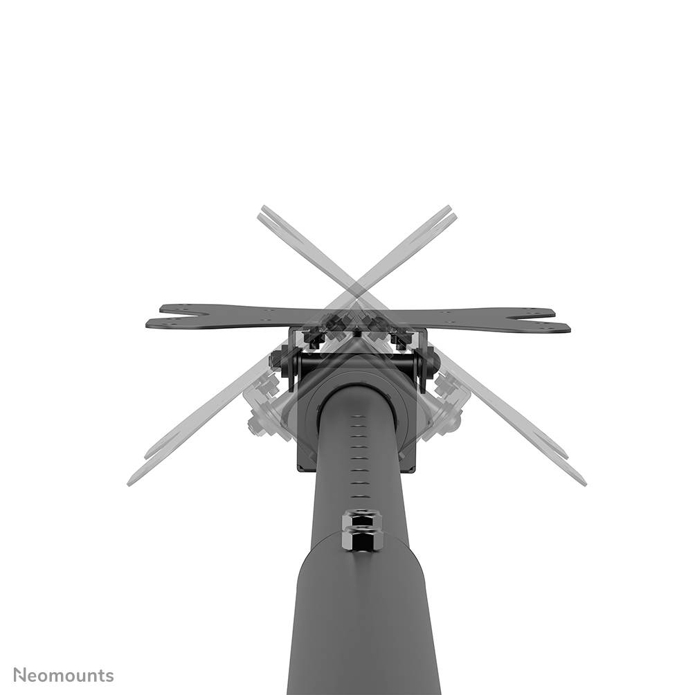 Central support arm with four rotating arms, mounted on a pole, for attaching monitors or screens, demonstrating flexibility.
