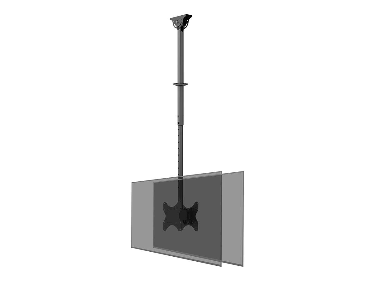 Flat screen mounted on a black ceiling bracket, with adjustable height. Suitable for offices or public spaces.