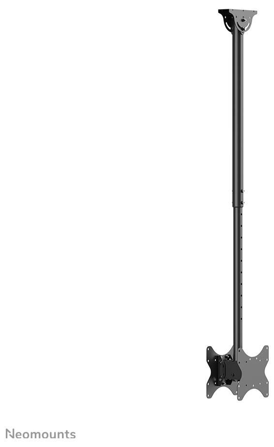 Adjustable black ceiling mount for screens, with a long, slim rod and VESA plate, suitable for various monitors.