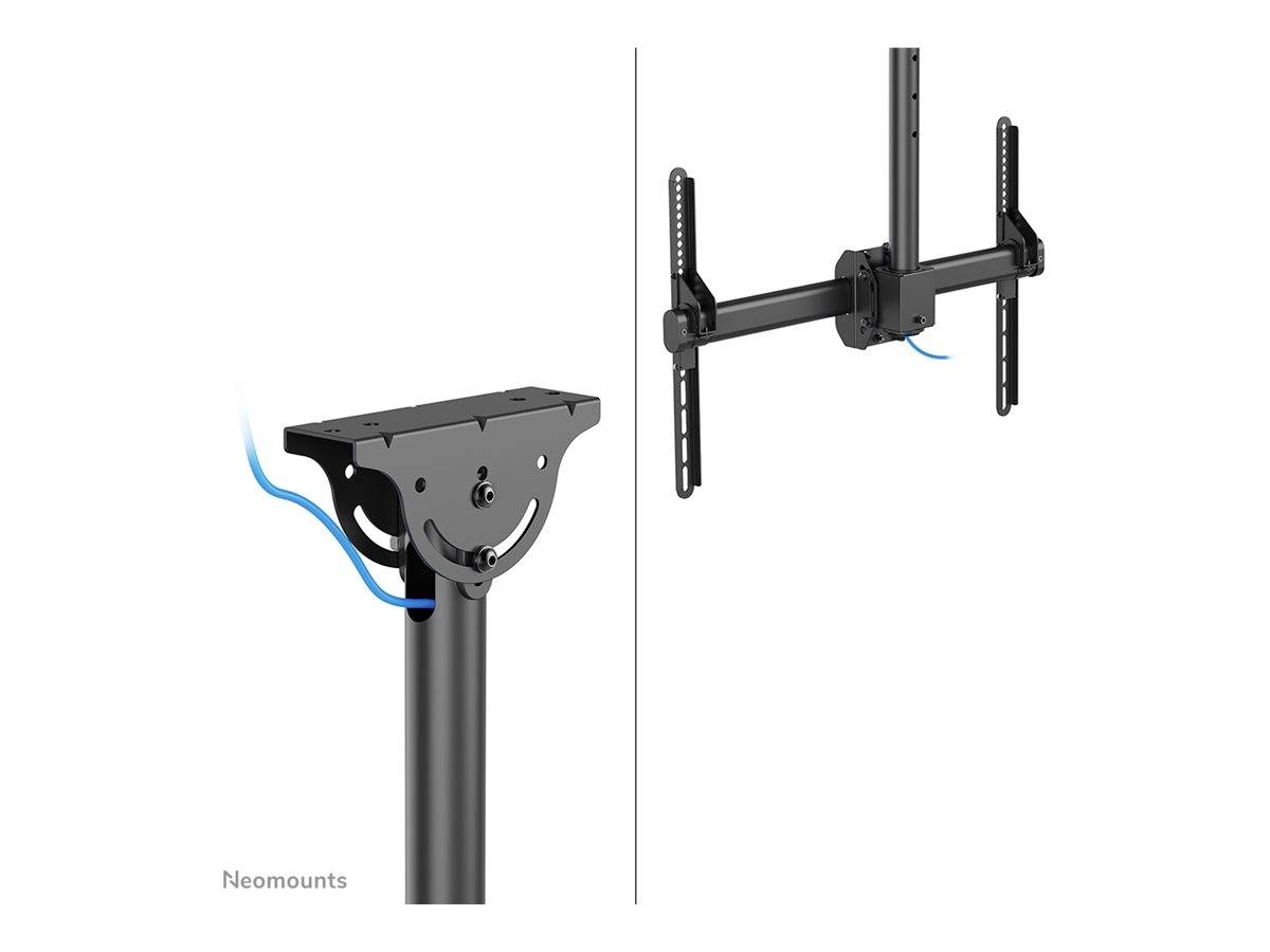 'Neomounts Monitor Mounting Bracket' shows parts of a mounting bracket with cable management. On the left: attachment to the post. On the right: monitor mounting point.