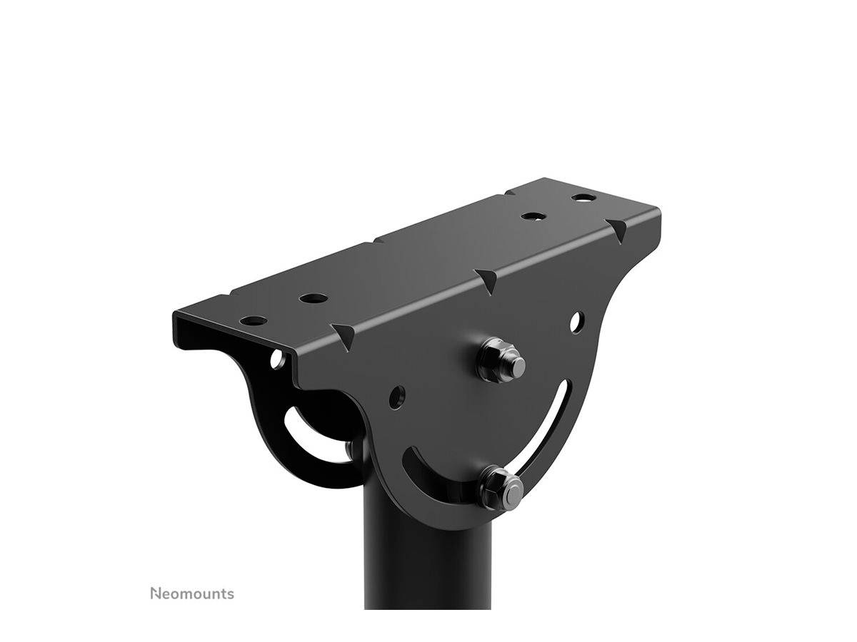 A black metal mounting bracket with multiple fixing holes and screws, suitable for installation on a pillar or pole.
