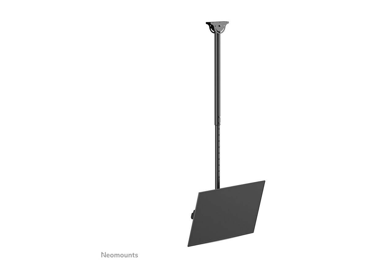 A ceiling mount from Neomounts with an attached flat screen, black and vertically tiltable, suitable for presentations.