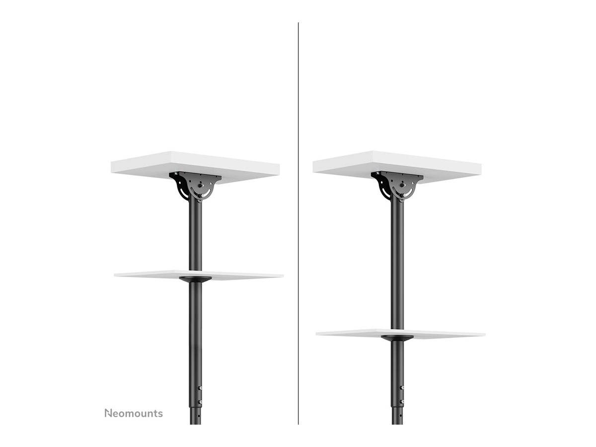 Two shelves on adjustable brackets, mounted on poles. On the right, the upper shelf is positioned higher than on the left.