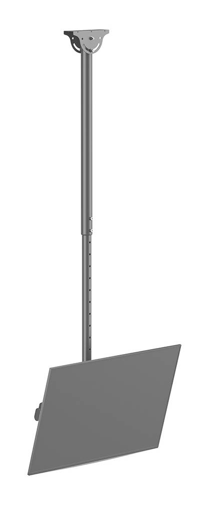 A ceiling mount with an adjustable arm holds a screen. Ideal for mounting screens on the ceiling.