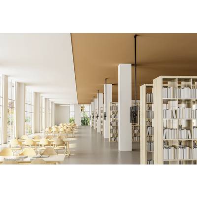 Bright, modern reading room of a library with long tables and bookshelves. Windows allow plenty of daylight to flood in.