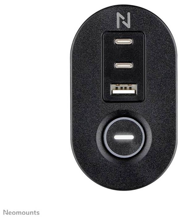 A black panel component with two USB-C ports, one USB-A port, and a switch underneath.