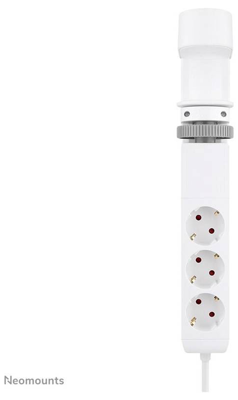 White multi-socket extension block with three sockets, arranged vertically. At the top, there is an extendable white tube with a grey rotational mechanism.