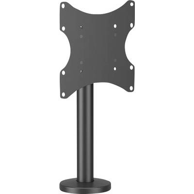A black TV stand with a flat, rectangular mounting bracket and a round base.