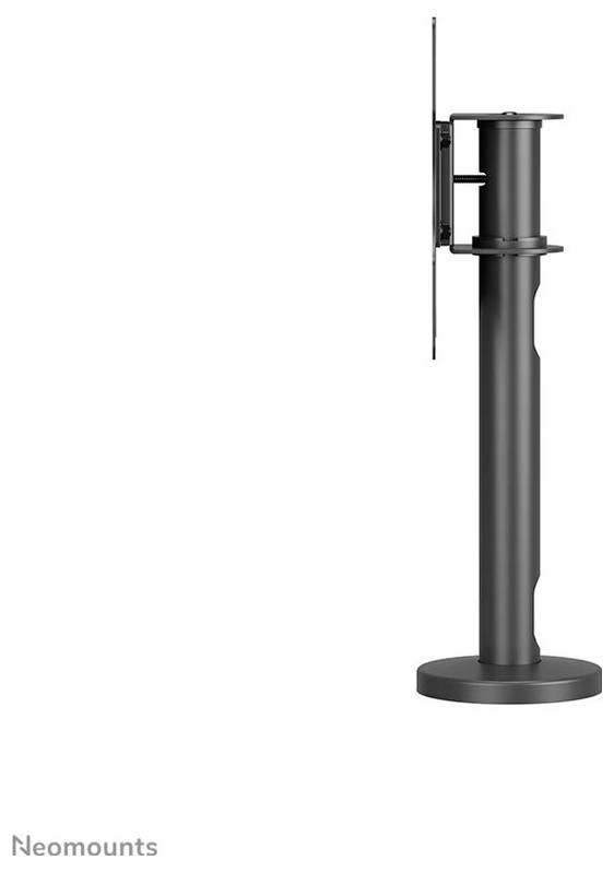 Monitor mount for vertical positioning of a screen with a slim, black stand and flat base element.