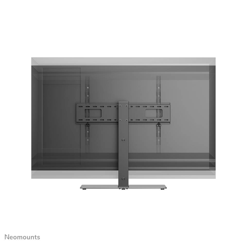 Rear view of a TV stand with a mounted flat-screen television, showing the mounting bracket and stand column against a white background.