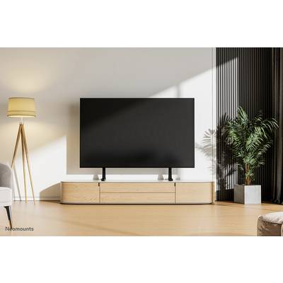 A large flat-screen television sits on a low wooden unit in a modern living room with a lamp and a plant.