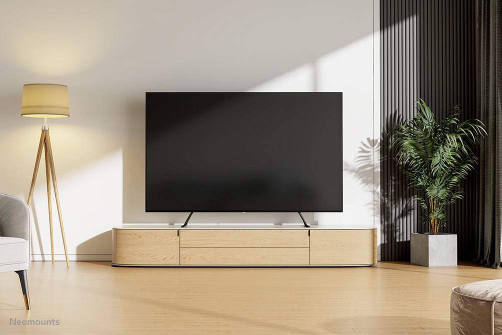 A modern living room with a large flat-screen television on a wooden piece of furniture, a standard lamp on the left and a plant on the right.
