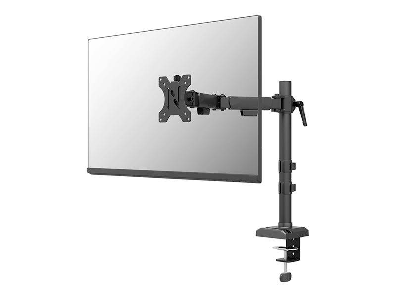 A monitor is attached to an adjustable swing arm that is mounted via a desk clamp.