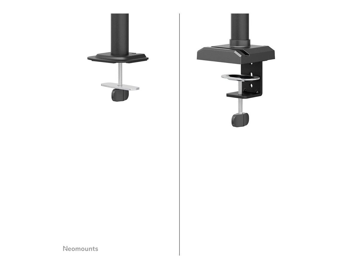 Two types of monitor mounts, left with a clamp for desk edge, right with screw fixing. Both in black.