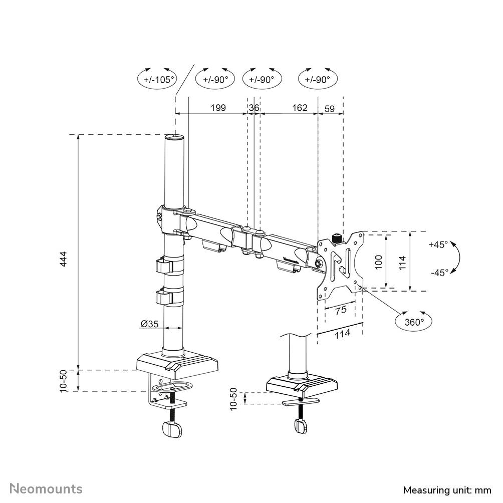 'Sketch of an adjustable monitor mount with two arms. Dimensions specified in millimetres. Adaptable angles and heights are highlighted.'