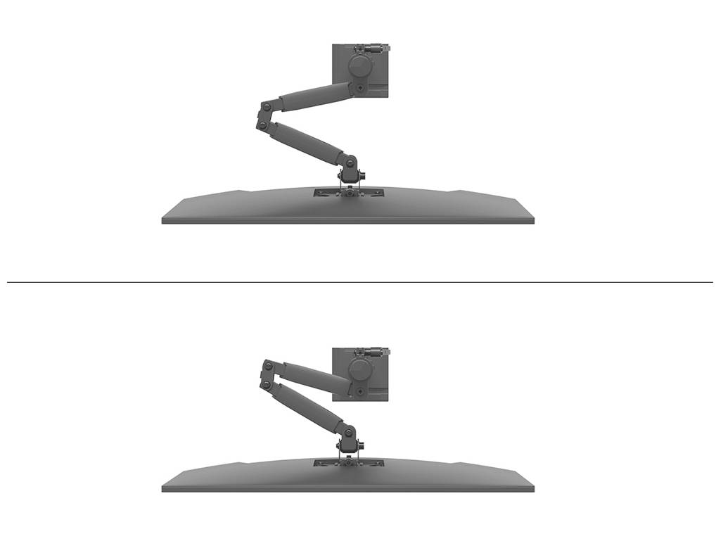 Two illustrations of a monitor mounting arm showing different positions: above straight and below in an angled position.