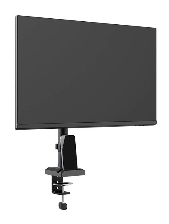 Flat monitor mounted on a desk clamp stand, suitable for workplace environments.