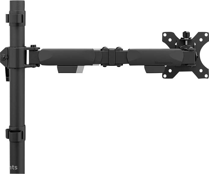 An adjustable black monitor arm mounted on a vertical stand, suitable for ergonomic workplace adaptations.