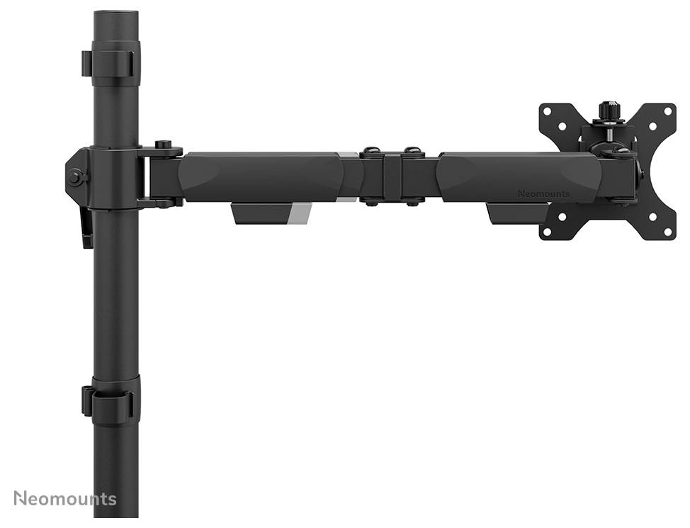 A black, adjustable metal monitor arm mounted on a vertical pole.
