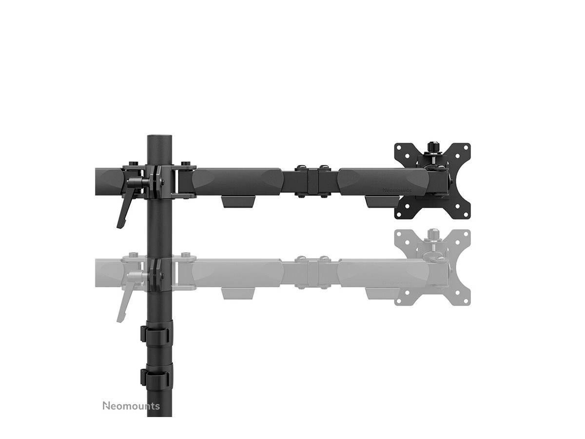 Black, adjustable dual-arm monitor mount for desk attachment. Allows you to position monitors horizontally or vertically.