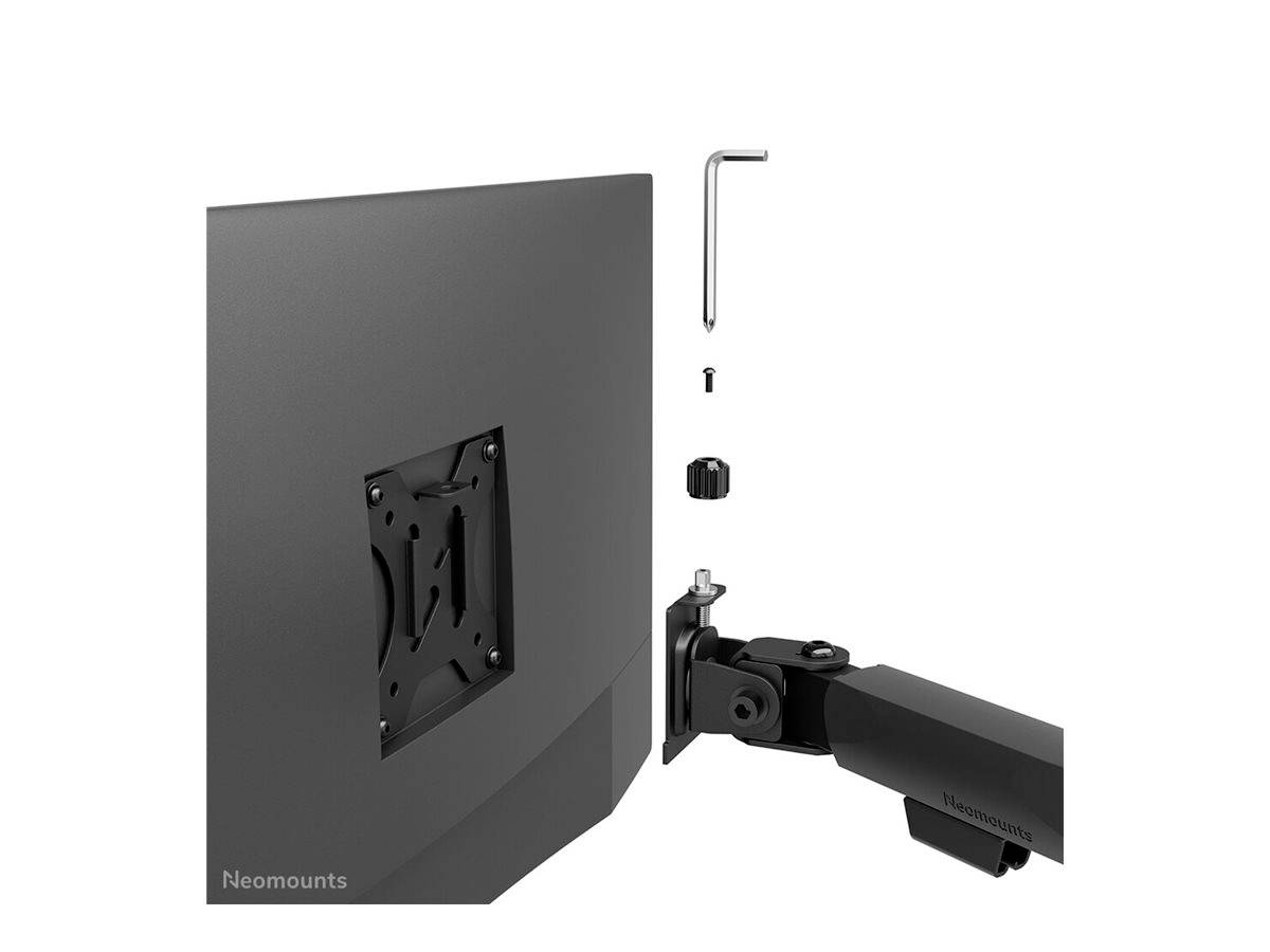 Monitor mounting arm during assembly. Screw and Allen key positioned above the mounting point. Monitor rear with VESA mount.