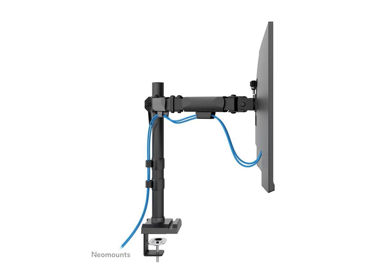 A black monitor arm from Neomounts with cable management holds a screen to the side. Suitable for space-saving desk solutions.