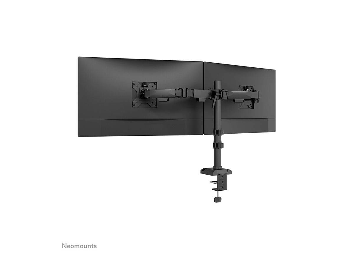 Double monitor mount with two screens attached sideways, mounted on a desk. Ideal for workspace optimisation.