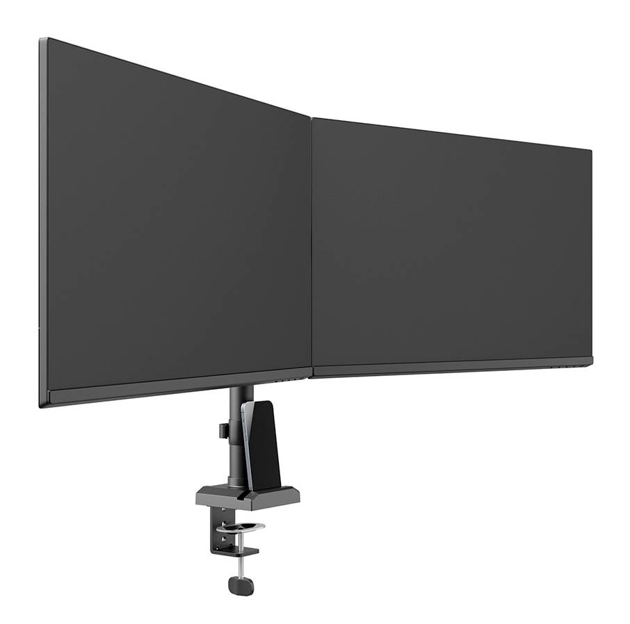 A black dual monitor mount that holds two monitors side by side. It is attached to a desk with a clamp.
