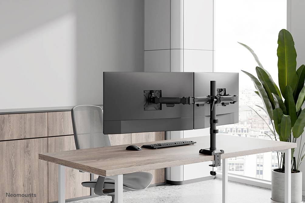 Two monitors are positioned on an adjustable monitor arm on a desk in front of a window, with a plant nearby, in a modern office environment.