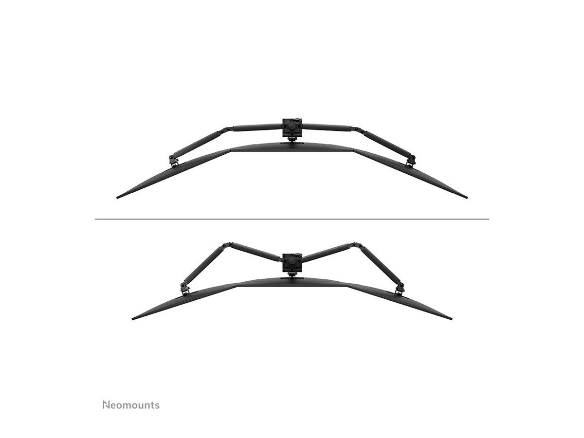 Neomounts monitor mount shown in two positions: upper straight, lower curved, demonstrating adaptability.