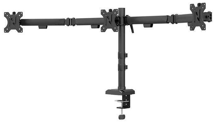 Monitor mount with three arms for simultaneous attachment of multiple screens. Fastens via clamp to a desk.