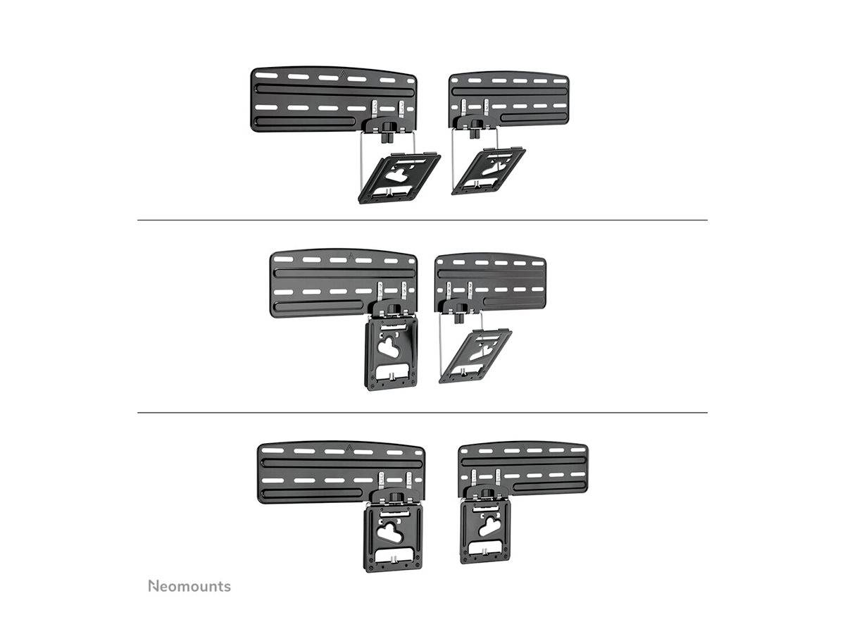 Multiple images of monitor mounts in various tilt and rotation positions, demonstrating movement flexibility and mounting options.