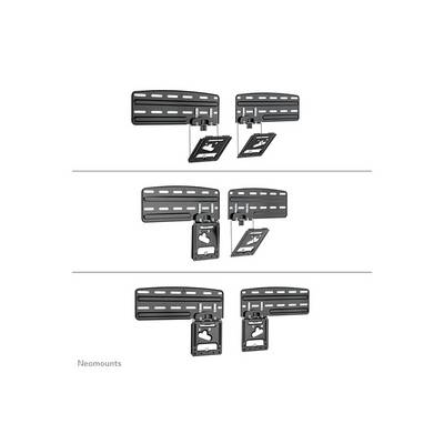 Multiple images of monitor mounts in various tilt and rotation positions, demonstrating movement flexibility and mounting options.