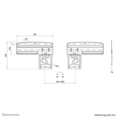 Construction drawing of a mounting bracket with dimensions in millimetres. Shows two parallel arranged parts, adjustable width from 150 to 1,700 mm.