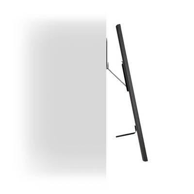 An ultra-slim television, mounted sideways on the wall, showcases its sleek profile and minimalist wall bracket.