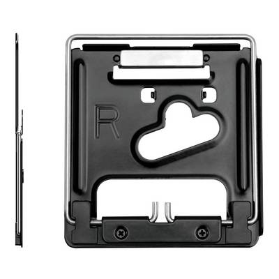 'Mountain Plate' side view from the left, rear view shows 'R' and asymmetrical mounting design for bicycle components.