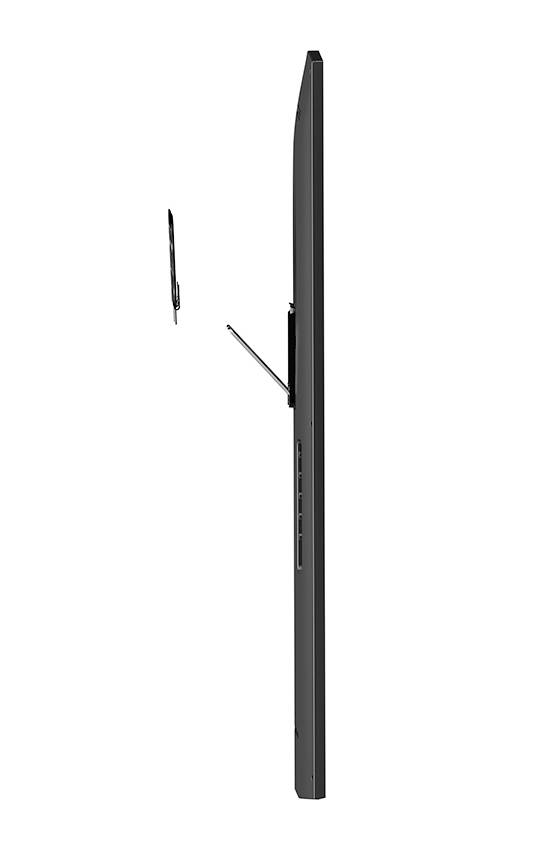 Side profile of a slim display with accompanying stylus positioned alongside.