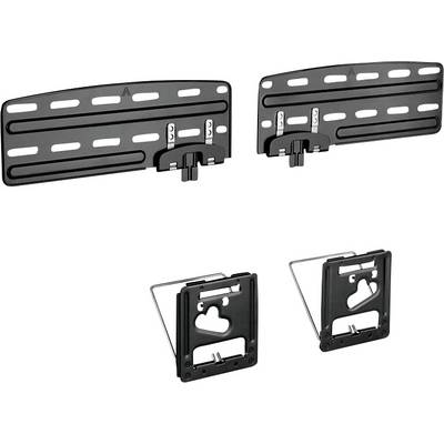 Two black wall-mounting brackets and two angle connectors on a white background, for securing flat objects to walls.