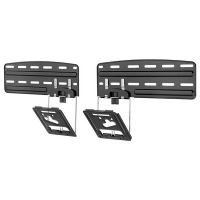 Two black metal TV wall mounts, mountable, with adjustable arm mechanisms for tilting and swivelling the television.