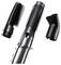 A multifunctional hairdryer with interchangeable attachments: round brush, comb, and dryer nozzle for various styling options.