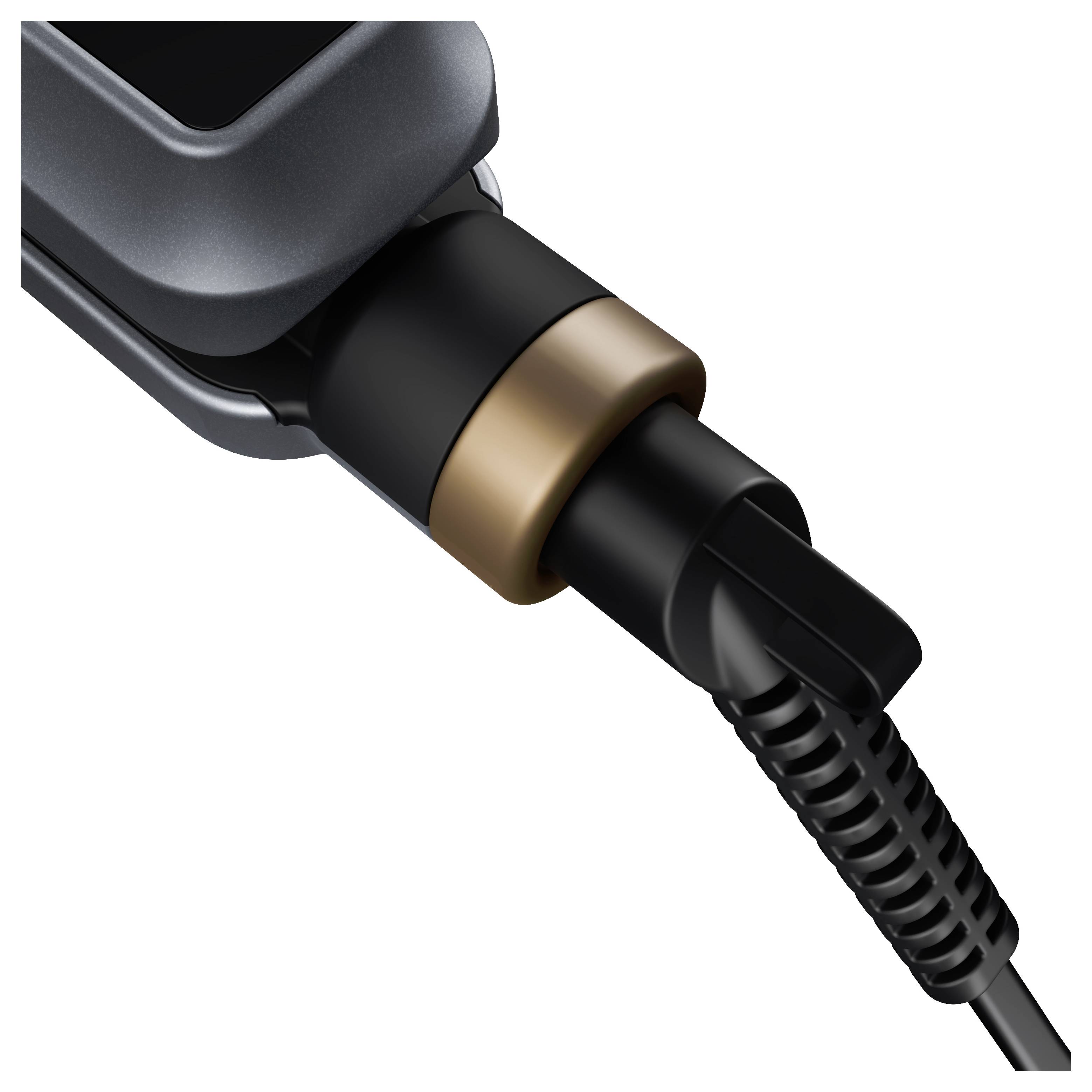 A thick, braided cable is connected to a black and gold metal enclosure.