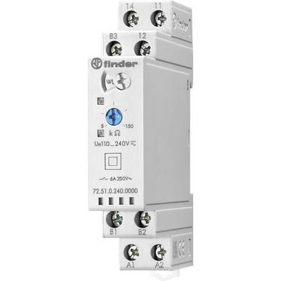A finder relay with connection terminals and blue adjustment screw, suitable for voltages from 110 to 240V and 6A at 250V.