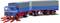 A blue lorry with a red trailer and grey tarpaulin. Headlamps beam forwards. Model shows truck coupling mechanism.