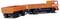 An orange model lorry with a trailer sits on a smooth surface. Both have open cargo beds that are intricately detailed.