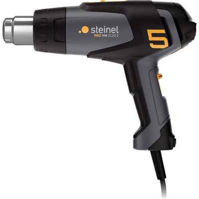 Hot air blower by Steinel with model number HM 2120 E, in black and grey, ergonomic design with cable, yellow markings.