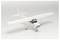 A white model airplane sits on a white background. It shows a single-engine propeller aircraft with two wings.